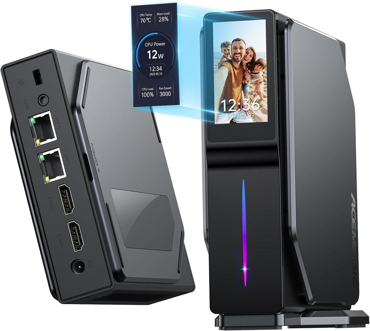 ACEMAGIC S1 Mini PC con schermo LCD, SSD M.2 NVMe da 1024GB (1TB), Intel Alder Lake-Ν95 (fino a 3,40GHz, 20W TDP), 16GB DDR4 Piccolo PC verticale con RGB/WiFi 6/Dual LAN /2 display per casa/ufficio